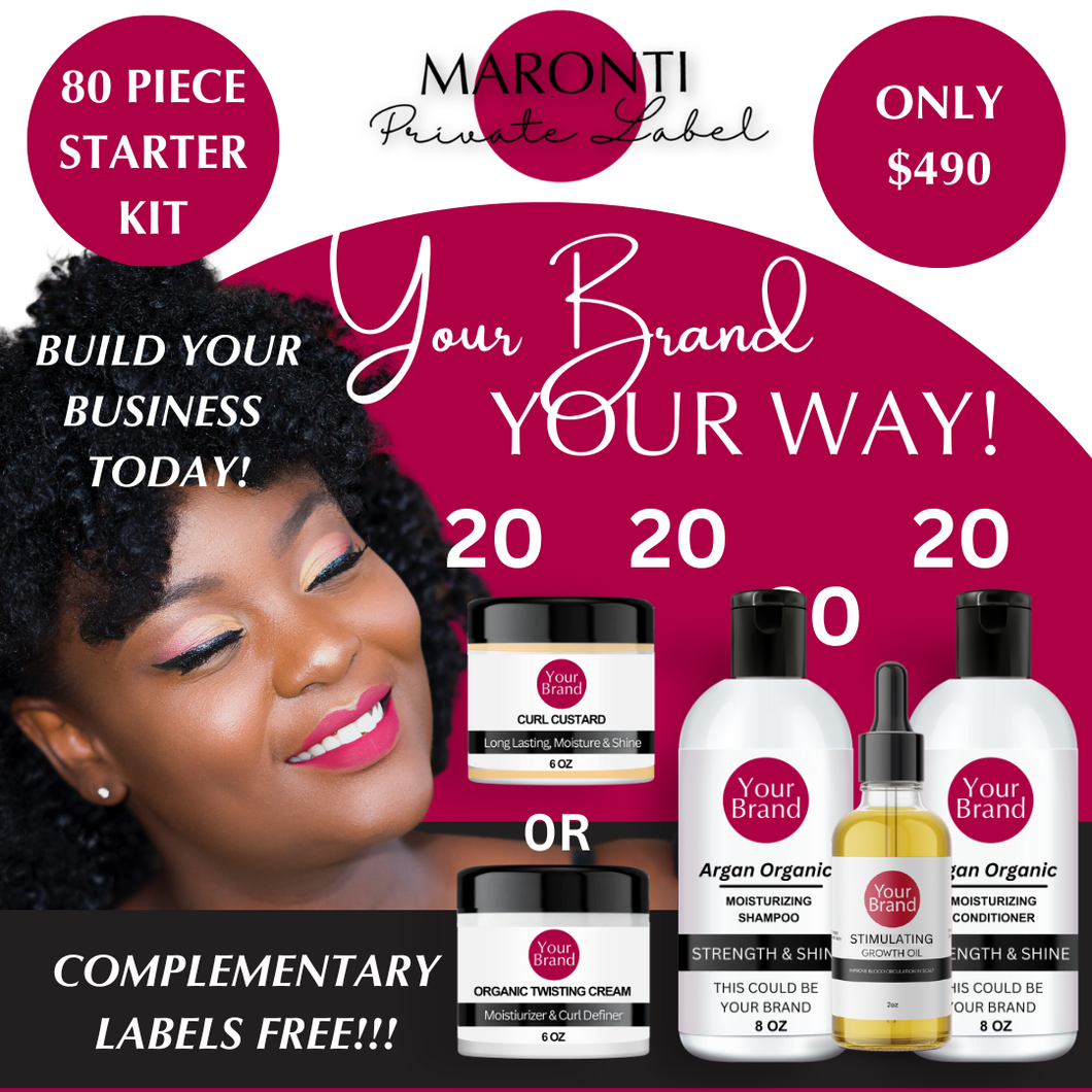 BUILD YOUR BUSINESS TODAY FOR UNDER $500 with this SIMPLE 80 PIECE STARTER KIT - 20 Shampoo, 20 Conditioner,and 20 Growth Oils. Round It Off With Your Choice Of 20 Twisting Creams or 20 Curl Custards